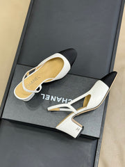 CC SLINGBACK 25S IN WHITE LAMBSKIN MIX BLACK FABRIC