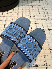 GG SLIDE SANDAL WITH GUCCI SCRIPT TEAL DENIM