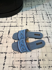 GG SLIDE SANDAL WITH GUCCI SCRIPT TEAL DENIM