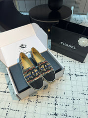 ESPADRILLES LOAFERS IN MULTICOLOR TWEED AND BLACK SATIN