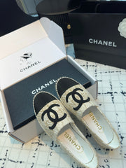 ESPADRILLES LOAFERS IN BEIGE TWEED AND BLACK SATIN