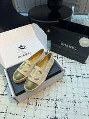 ESPADRILLES LOAFERS IN BEIGE TWEED AND GOLDEN LAMBSKIN