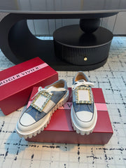 VIV' GO-THICK STRASS BUCKLE SLIP-ON SNEAKERS IN BLUE DENIM