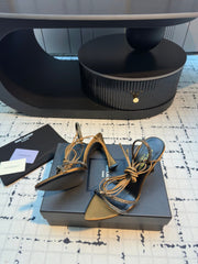 HIGH HEEL SANDALS WITH SHINY RHINESTONES STRAP IN GOLDEN BROWN SILK