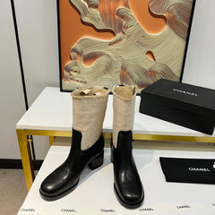 HIGH BOOTS 5.5 CM IN BLACK LAMBSKIN AND BEIGE FABRIC