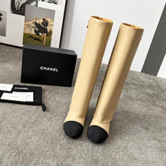 CHANEL 25S HIGH BOOTS 55MM IN CARAMEL BEIGE CALFSKIN AND BLACK CANVAS GOLD HARDWRE