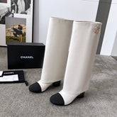 CHANEL 25S HIGH BOOTS 55MM IN IVORY BLACK CALFSKIN AND CANVAS GOLD HARDWRE