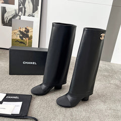 CHANEL 25S HIGH BOOTS 55MM IN BLACK CALFSKIN AND CANVAS GOLD HARDWRE