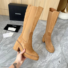 CHANEL 25S HIGH BOOTS STRETCHY SHAFT 85MM IN CARAMEL SUEDE GOLD HARDWRE