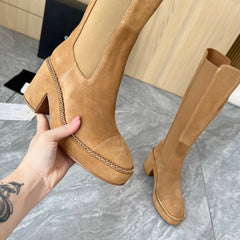CHANEL 25S HIGH BOOTS STRETCHY SHAFT 85MM IN CARAMEL SUEDE GOLD HARDWRE