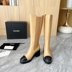 CHANEL 25S HIGH BOOTS STRETCHY SHAFT 85MM IN LIGHT BROWN CALFSKIN GOLD HARDWRE