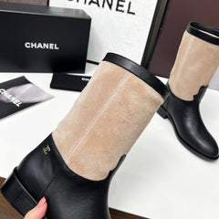 CHANEL 25S MID-CALF BOOTS 35MM IN BLACK CALFSKIN AND TAUPE GRAY SUEDE GOLD HARDWRE