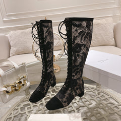 NAUGHTILY-D BOOT BLACK TRANSPARENT MESH AND SUEDE EMBROIDERED WITH ROSES MOTIF 35 MM