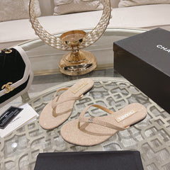 Double CC Rhinestone Flip Flop Thongs Beige Cream Sheepskin