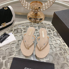 Double CC Rhinestone Flip Flop Thongs Beige Cream Sheepskin