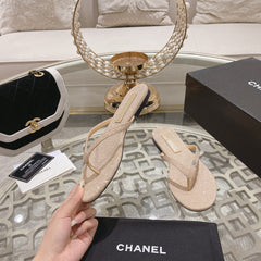 Double CC Rhinestone Flip Flop Thongs Beige Cream Sheepskin