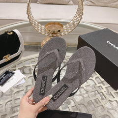Double CC Rhinestone Flip Flop Thongs Dark Gray Sheepskin