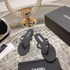 Double CC Rhinestone Flip Flop Thongs Black Sheepskin