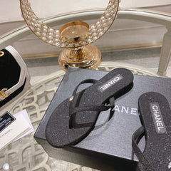 Double CC Rhinestone Flip Flop Thongs Black Sheepskin