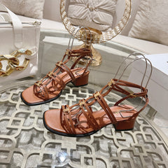 HIGH 45MM BLOCK HEEL SANDAL IN RUSSET BROWN LAMBSKIN