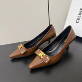 TRIOMPHE POINTED-TOE HIGH PUMPS IN BROWN SHINY CALFSKIN