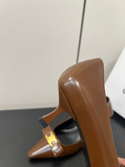 TRIOMPHE POINTED-TOE HIGH PUMPS IN BROWN SHINY CALFSKIN