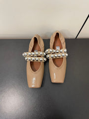 ALAIA BALLET FLATS IN ALMOND BEIGE GLOSSY CALFSKIN WITH SILVER HARDWARE