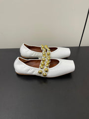 ALAIA BALLET FLATS IN WHITE GLOSSY CALFSKIN WITH GOLD HARDWARE