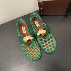 ALAIA BALLET FLATS IN COOL GREEN MESH FISHNET WITH GOLD HARDWARE