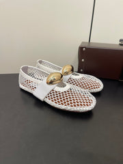 ALAIA BALLET FLATS IN WHITE MESH FISHNET WITH GOLD HARDWARE