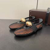 ALAIA BALLET FLATS IN BLACK MESH FISHNET WITH GOLD HARDWARE