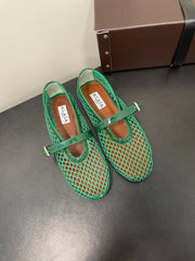 ALAIA BALLET FLATS IN COOL GREEN MESH FISHNET