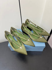CUT-OUT PUMPS WITH BEAD BUCKLE IN OLIVE GREEN SATIN