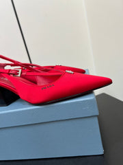 CUT-OUT PUMPS WITH BEAD BUCKLE IN CLASSIC RED SATIN