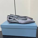 CUT-OUT BALLERINA FLAT IN WARM GRAY SATIN ATTACHED BEAD BUCKLE
