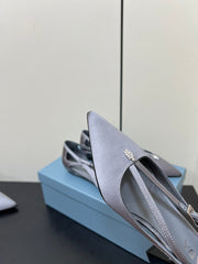 CUT-OUT BALLERINA FLAT IN WARM GRAY SATIN ATTACHED BEAD BUCKLE