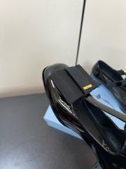 BOW MARY JANE PUMPS WITH T-STRAP IN BLACK GLOSSY CALFSKIN