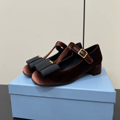 BOW MARY JANE PUMPS WITH T-STRAP IN UMBER BROWN VELVET
