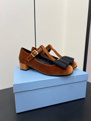 BOW MARY JANE PUMPS WITH T-STRAP IN BRONZE BROWN VELVET