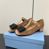 BOW MARY JANE PUMPS WITH T-STRAP IN PECAN PIE VELVET