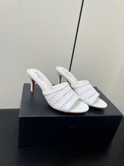 ALAIA HIGH HEEL 25S 70 MM IN WHITE LAMBSKIN WITH WOVEN PATTERN
