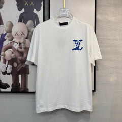LV WHITE COTTON T-SHIRT BLUE STYLIZED LOGO 238917