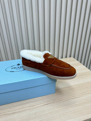 LOAFER IN RED BROWN SUEDE AND FUR LINING ATTACHED TRIANGLE LOGO