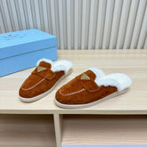 TRIANGLE LOGO FLATS IN RED BROWN SUEDE AND FUR LINING