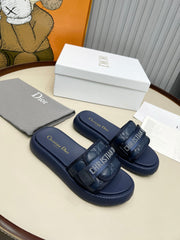 PLATFORM SLIDES 25S 50MM IN NAVY BLUE CALFSKIN AND ELECTRIC FABRIC