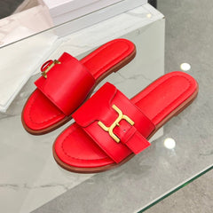 HLOE MARCIE SLIDE IN CHERRY RED CALFSKIN WITH GOLD HARDWARE