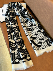LETTER LOGO 178 CM SCARF IN BLACK MIX WHITE SHEEP WOOL AND SILK 393103