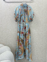 ZIMMERMANN PUFF-SLEEVE FLORAL FEATHER SILK DRESS 275074