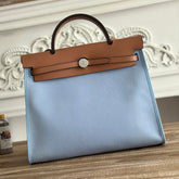 ZIP CABINE 31 BAG IN LIGHT BLUE CANVAS AND BRONZE BROWN CALFSKIN