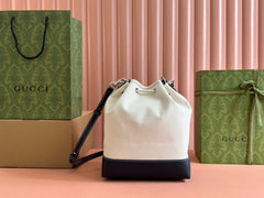 DRAWSTRING SHOULDER BAG LOGO PRINT 31 IN WHITE CANVAS DARK BLUE CALFSKIN